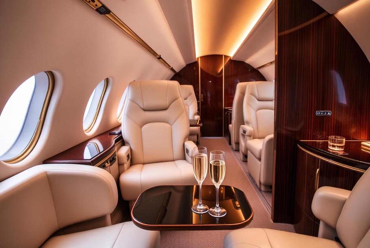 Luxury private jet cabin with cream leather seats and gold accents