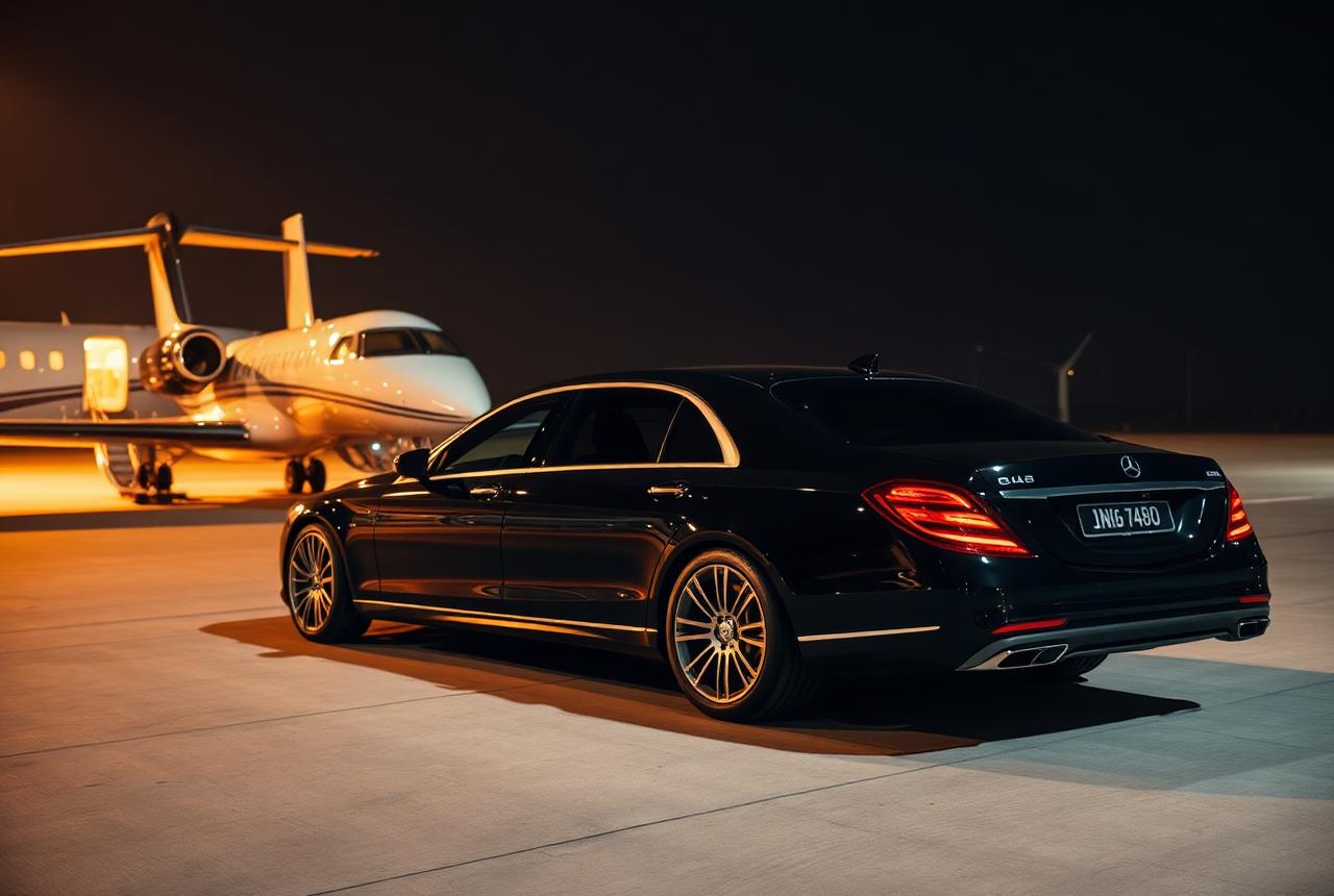 Chauffeur car waiting beside a private jet at night