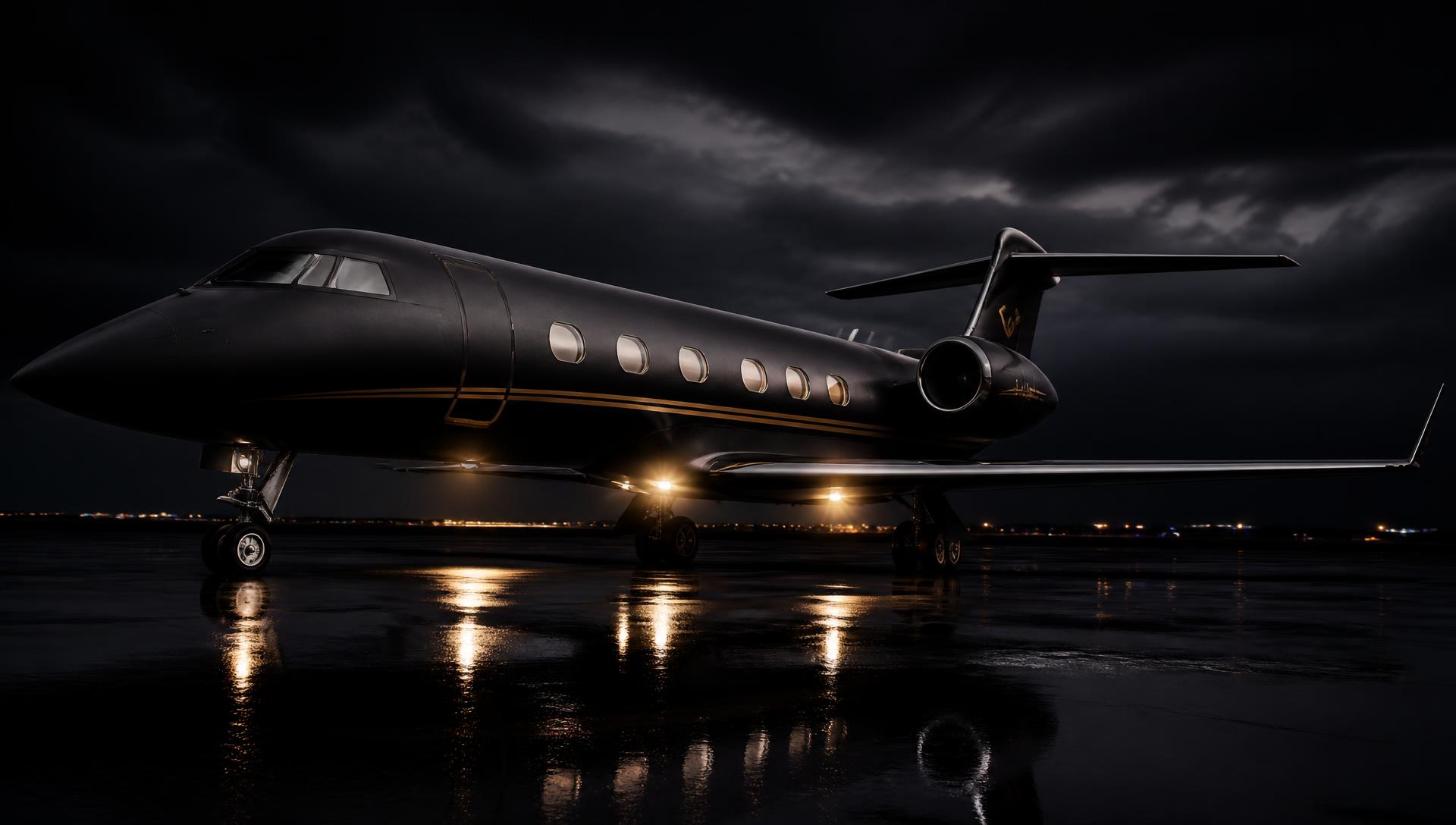 Matte black private jet on a wet runway at dusk